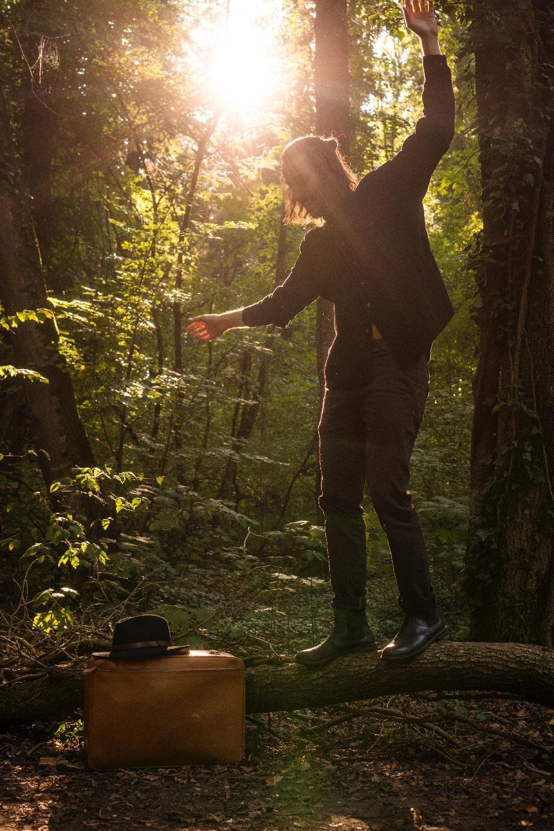 Portrait von Sam Llewyn, balancierend auf einem Ast mit hut und Mape vor sich. Im Hintergrund ist dichter Wald und die Sonne.